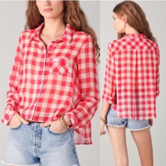 FP Movement by Free People Tops - Free People FP Red Gingham Plaid Semi Sheer Flowy Button Front Shirt Size S/P